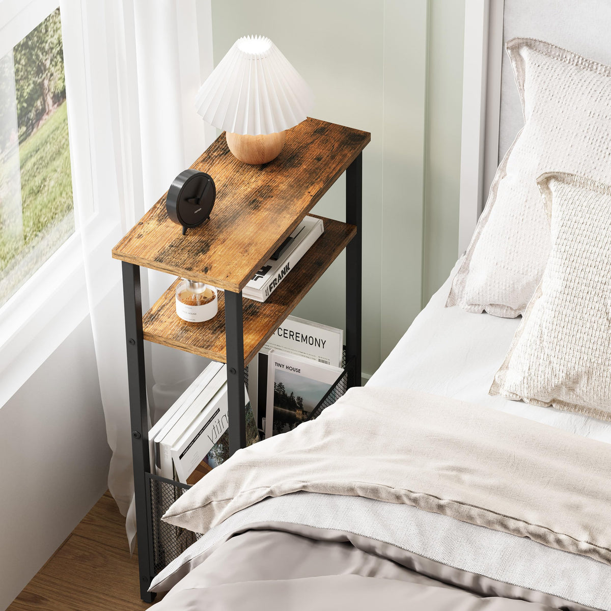 Narrow 3 Tier Side Table with Storage Basket T600