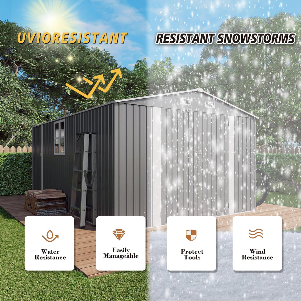 10x14x6.7FT Galvanized Steel Outdoor Storage Shed with Lockable Door & Window Q47797