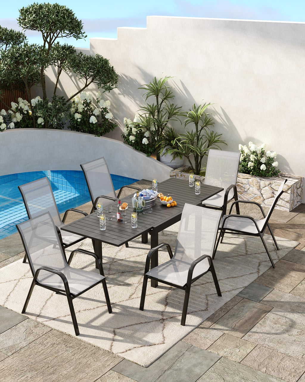 Stackable Outdoor Dining Chairs Set of 4 Textilene Fabric Metal Frame Grey B4460