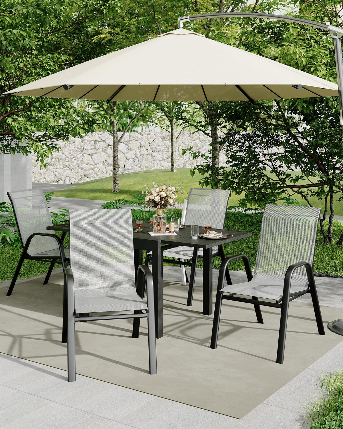Stackable Outdoor Dining Chairs Set of 4 Textilene Fabric Metal Frame Grey B4460