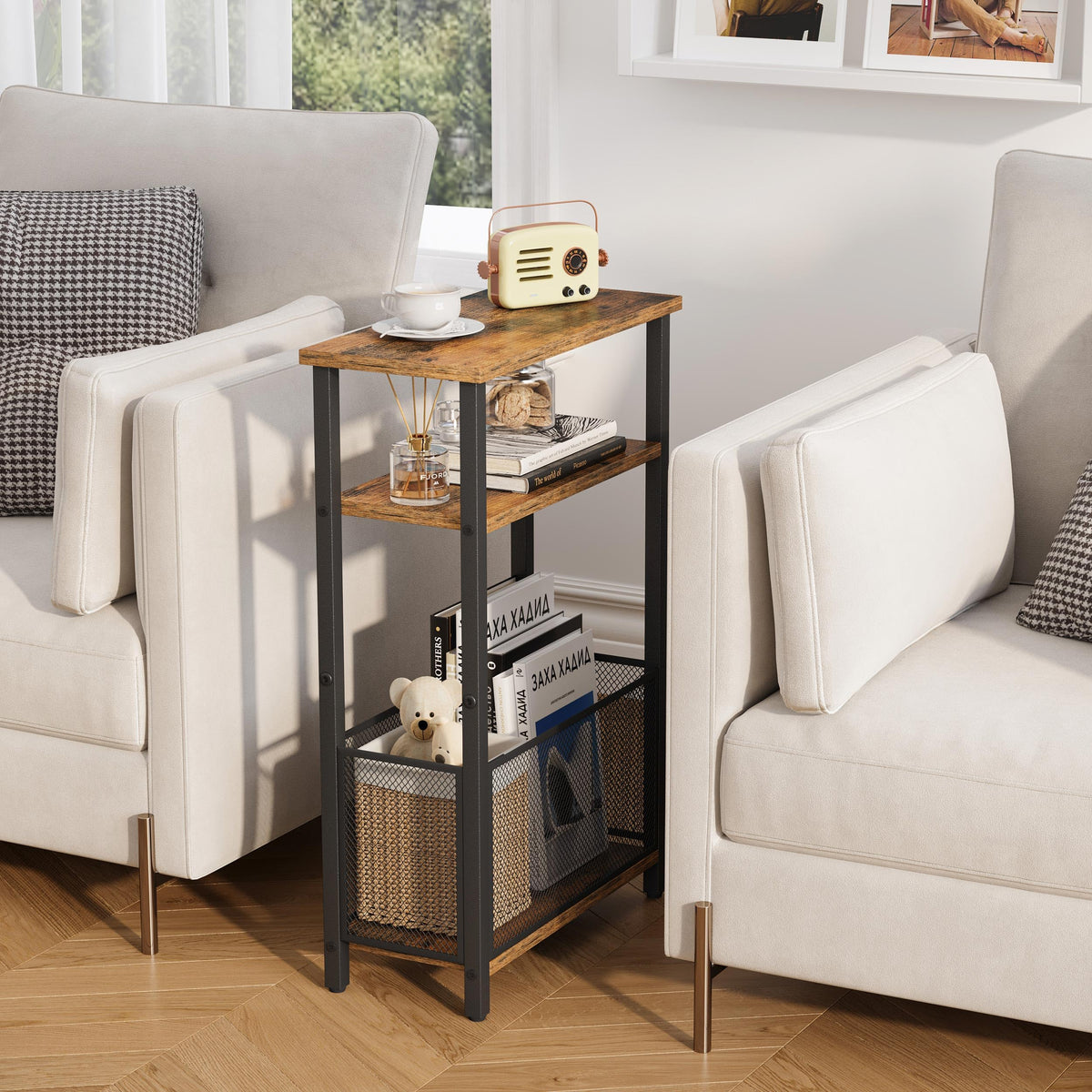 Narrow 3 Tier Side Table with Storage Basket T600