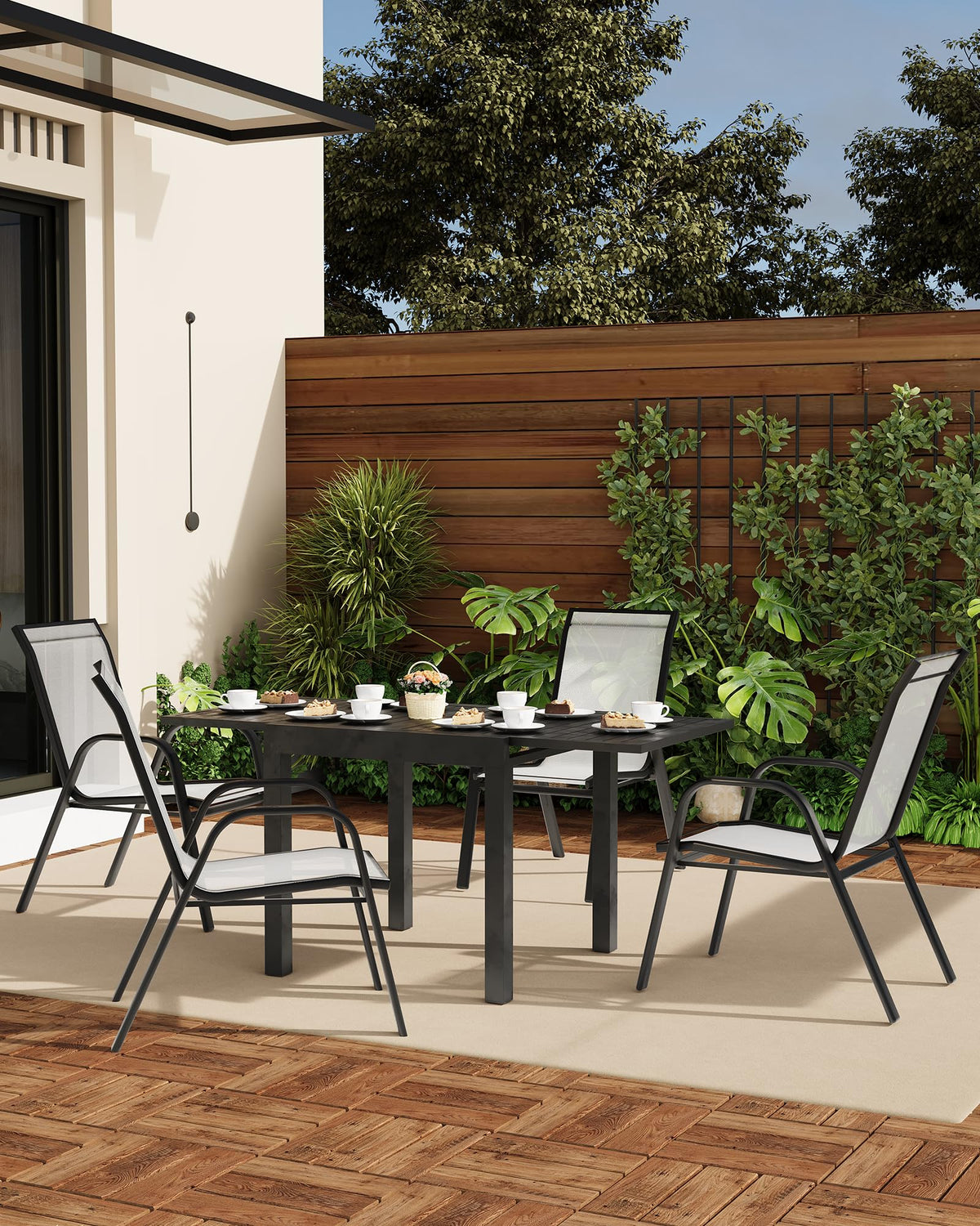 Stackable Outdoor Dining Chairs Set of 4 Textilene Fabric Metal Frame Grey B4460