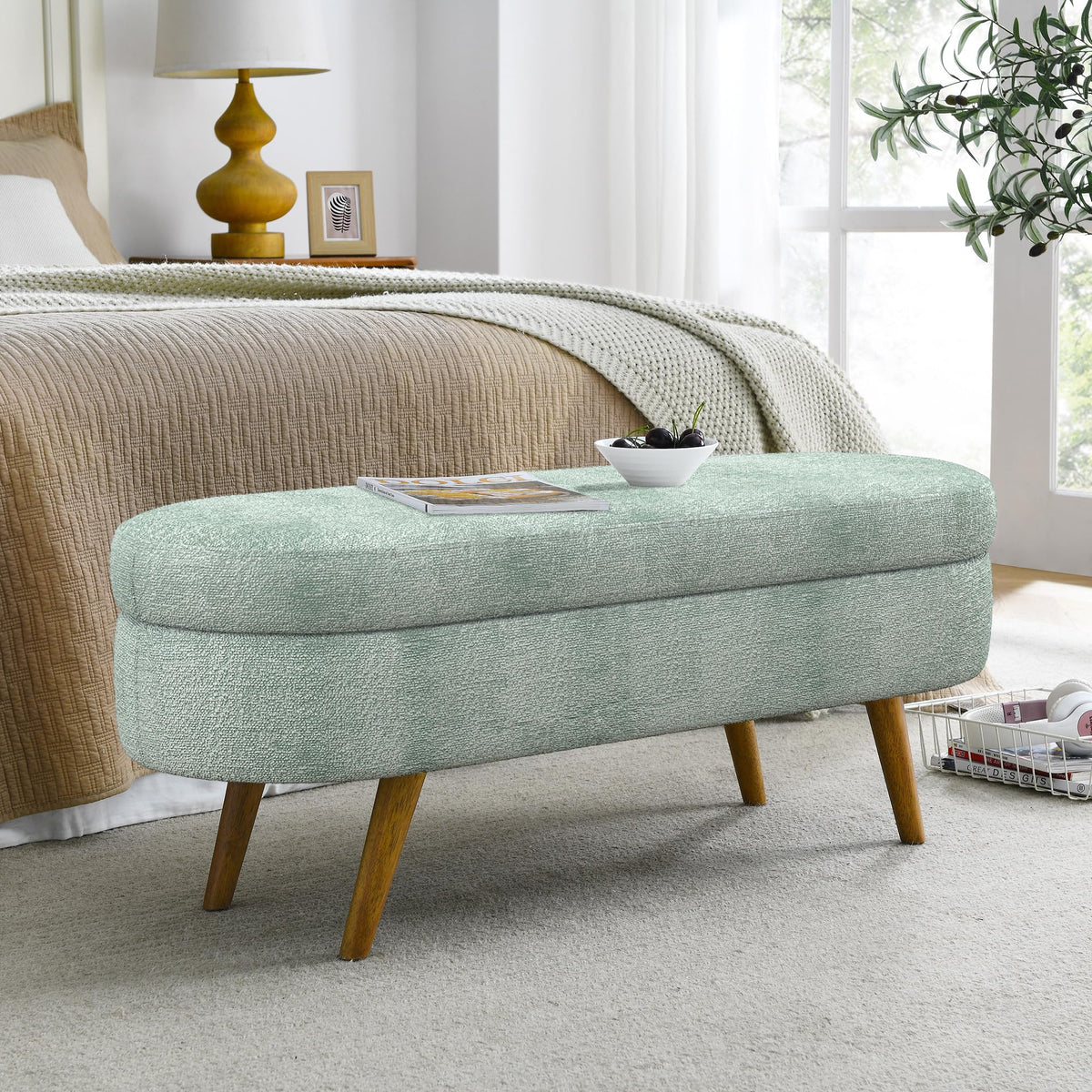 Oval Storage Bench with Rubber Wood Legs U1254