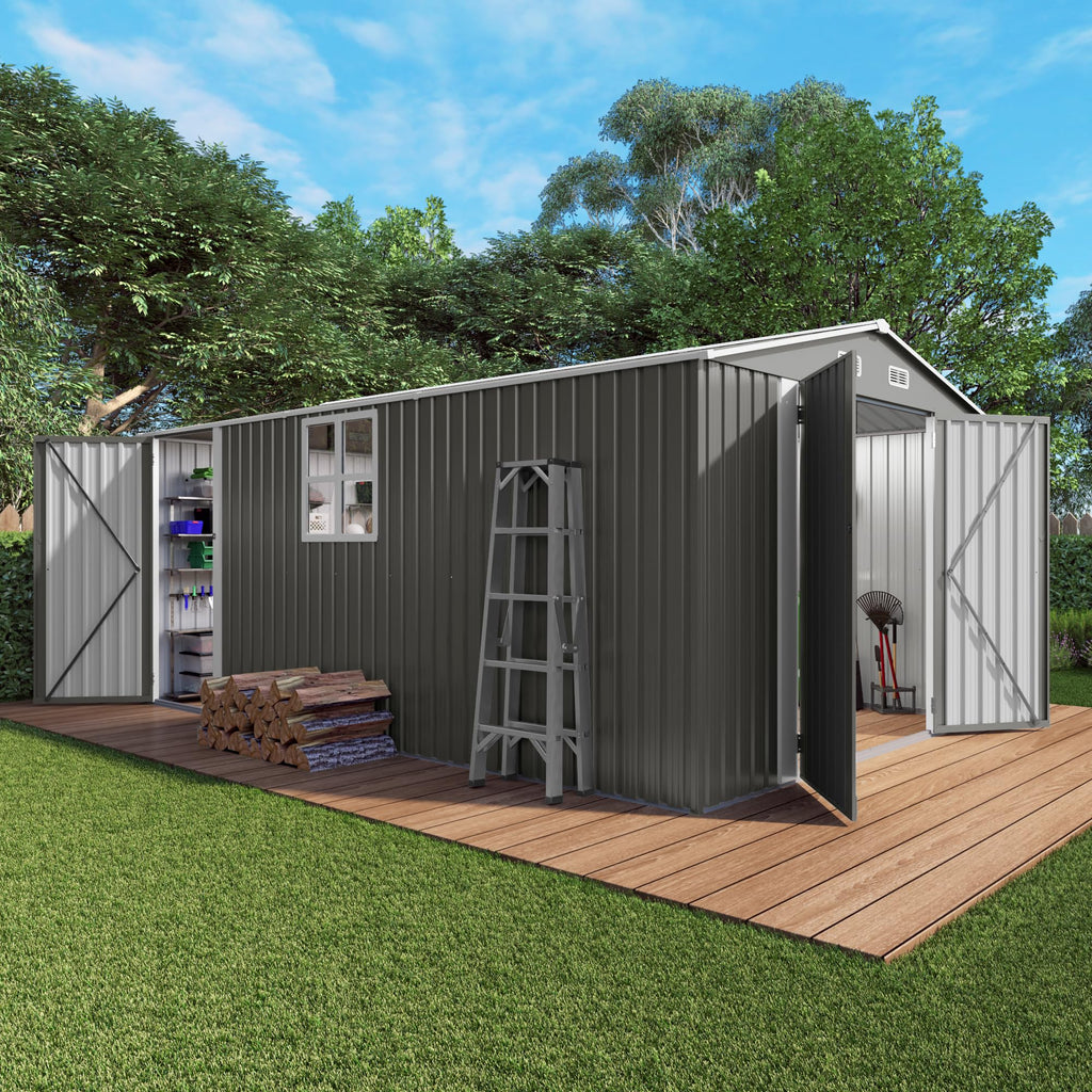 10x14x6.7FT Galvanized Steel Outdoor Storage Shed with Lockable Door & Window Q47797
